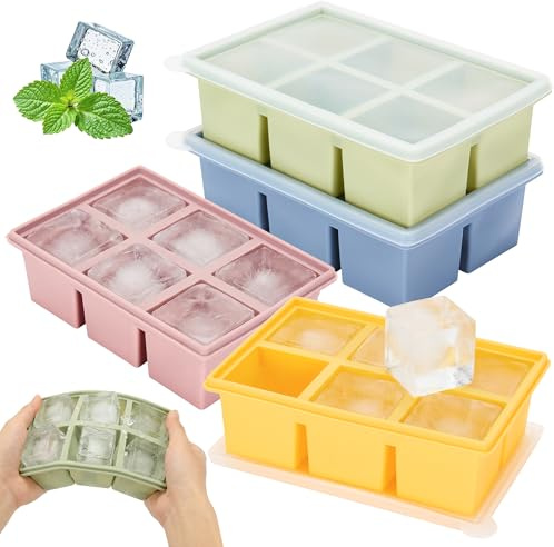 4 Pack Large Silicone Ice Cube Trays for Whiskey, Easy Release 2 inch Cube Ice Trays for Cocktail Whisky, Stackable Ice Cube Trays for Freezer with Leak Proof Removable Lid,6 Square Each