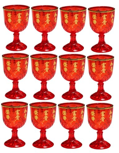 POPETPOP Set da 12 Bicchieri da Vino Piccoli Rossi in Plastica Infrangibile, Coppe da Vino Cinesi per Matrimonio e Feste, Tazze Nuziali Leggere Riutilizzabili per Casa e Celebrazioni