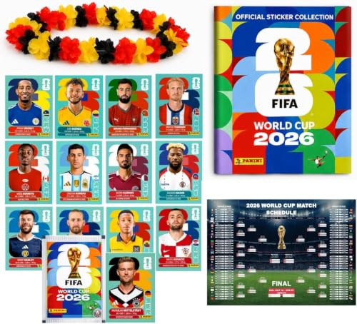XXL Set Starter Fan Coppa del Mondo 2026 – Album Originale Panini, Calendario Partite + Ghirlanda Germania, XXL Fan Bundle (50 Bustine / 350 Figurine)