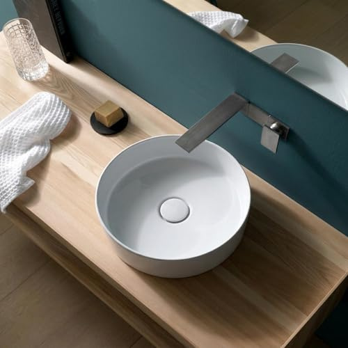 baanio Comba - Lavabo Sobre Encimera Redondo 36 cm - Cerámica Blanco Brillo - Perfil Bajo 11.5 cm - CE