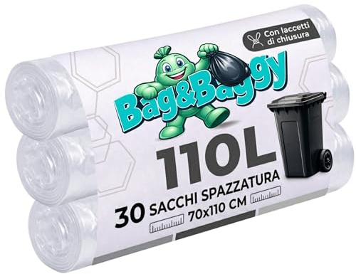 Bag&Baggy 30 Transparent Bin Bags, 110 Litres, 70 x 110 cm, High Resistance, Anti-Drop and Tear-Resistant, with Closure Straps – 3 Rolls of 10 Pieces