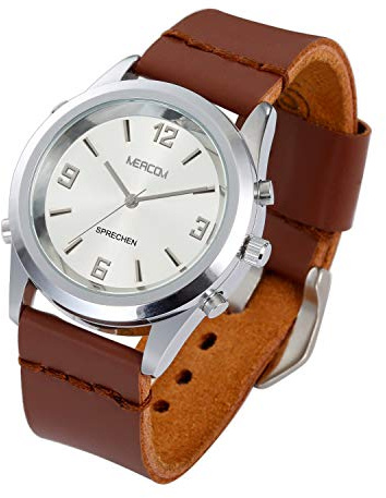 meacom Sprechende Armbanduhr, Deutsch Zeitansage mit Lederband Edelstahl Zifferblatt Uhr Blindeuhr für Alter/Blinde/Optisch Beeinträchtigte Sehbehinderte