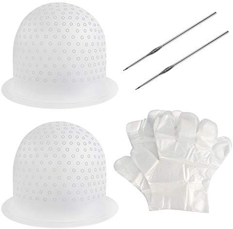 Dadabig 2 Set Haare Färben Hervorhebung Kappe, Silikon Strähnchenhaube Cap Set mit 2 Metallhaken und 100 Handschuhe Wiederverwendbare Haarefärben Zubehör für Professionelle Salon Friseur