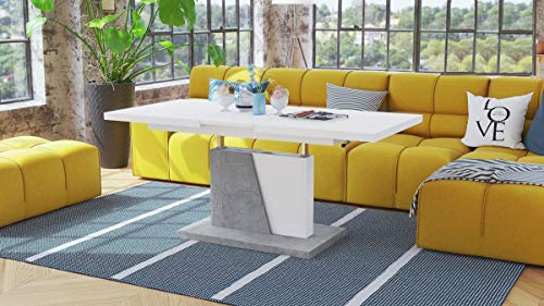 Mazzoni Grand Noir Couchtisch ausziehbar höhenverstellbar 120/180cm in Weiß matt/Beton modern vielseitig Wohnzimmertisch Esstisch Beistelltisch Sofatisch platzsparend hochwertig Wohnzimmer