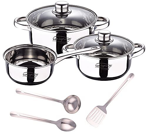 San Ignacio Bateria 5pcs acero inoxidable: cazo Ø16x7,5 Cacerolas de Ø18x8,5 y Ø20x9,5 cms., inducción + Set 3pcs Utensilios de cocina en Acero Inoxidable, PK3371