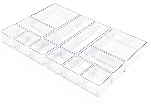Lilly Things ANTIRUTSCH Schubladen Ordnungssystem (transparent) Schubladen Organizer Schubladeneinsatz Aufbewahrungsbox für Make-Up Kosmetik Schminktisch Schreibtisch Büro Bad Küche (12-teilig)