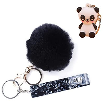 Kreditkartenabzieher, Acryl-Debit-Bankkartengreifer für lange Nägel, ATM-Schlüsselanhänger mit Pompom-Ball und Kartenabzieher, Schlüsselanhänger-Dekoration, Schwarz , M