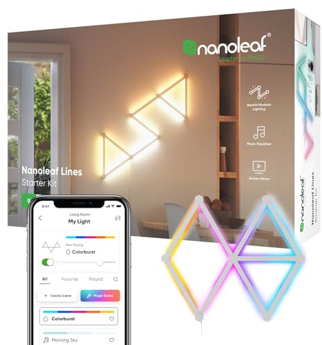 Nanoleaf Lines 60 Grad Starter Kit, 9 Smarten LED RGBW Lichtleisten - Modulare WLAN 16 Mio. Farben Wandleuchte Innen, Musik & Bildschirm Sync, Funktioniert mit Alexa Google Apple, für Deko & Gaming