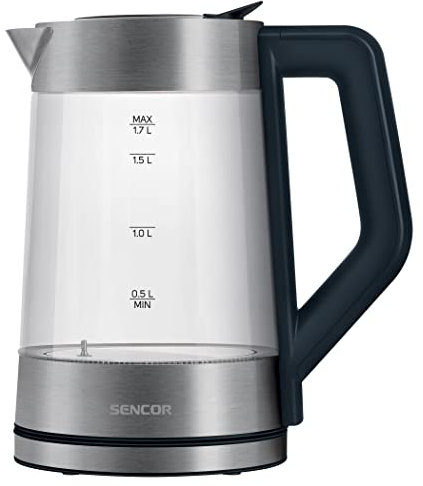 Sencor SWK 1795SS - Bollitore in vetro con capacità di 1,7 l, potenza di 2200 W, acciaio inox, luce LED interna, 100% senza BPA, regolazione della temperatura (da 50 °C a 100 °C