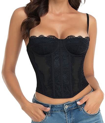 Corset en dentelle pour femme - Body sexy avec boucle, noir, X-Large