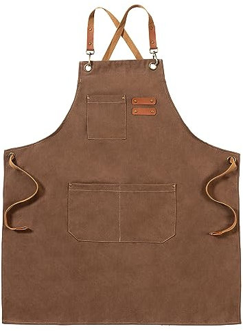 Marrone Grembiuli in Tela, Lavoro Grembiuli per Uomini e Donne, Regolabile Grembiule da Cuoco con 3 Tasche, Grembiule per Servire Cucina, Cottura, Pittura, Artista, Croce Posteriore