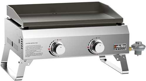 ONLYFIRE GRILLS Tabletop Gas Griddle 2-Burner, Portable Propane Gas Flat Top Griddle 252 SQ.IN Cooking Area, Outdoor Barbecue Stove for Patio BBQ Camping Tailgating RV, Stainless Steel, Classic GS319