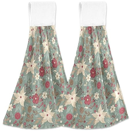 Weihnachtliche Blumen Badetücher mit Aufhängeschlaufen 2 Stück Handtücher Schlaufentücher und Waschlappen Sets