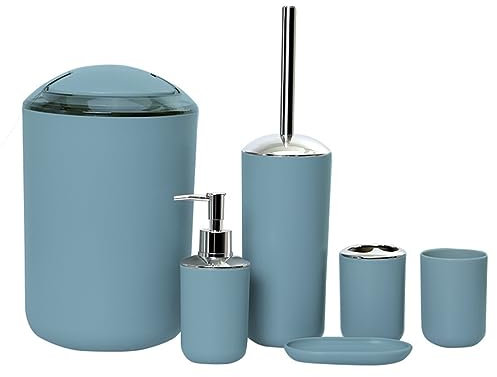 Wanym Set Bagno Accessori Completo Moderno, Set Bagno Moderno 6 Pezzi Dispenser Portaspazzolino Bicchiere Portasaponetta Portascopino Pattumiera,Light Blue