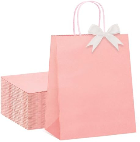 Switory 50 Stück Geschenktüten mit Schleifenbändern, Rosa Papiertüten mit Henkel, Partytüten für Valentinstag, Kinderparty, Geburtstag, Hochzeiten, Baby-Dusche, Einzelhandel (15x8x21cm)