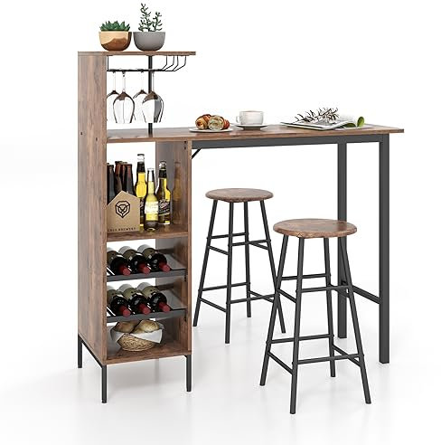 COSTWAY Bartisch mit Barhocker Set, 2 Personen Bartisch Set mit Halterungen für Weingläser und Flaschen, Küchentheke für Wohnzimmer, Esszimmer und Küche (Kaffee)