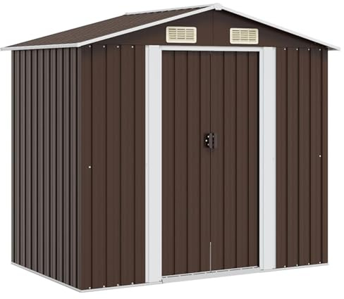 Swpsd Brown Galvanized Steel Metal Storage Shed with Vents and Double Sliding Doors - 204 x 132 x 186 cm 47029