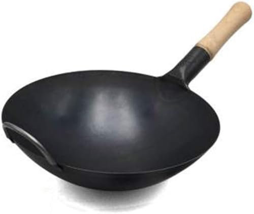 LRTYZBD Wok Fry Pan Non Stick Frying Non-Stick Wrought Iron Round Bottom Wok with Wooden Single Handle Uncoated Old-Fashioned Iron Pot Home Wok Frying Pan-Roundbottom||30CM