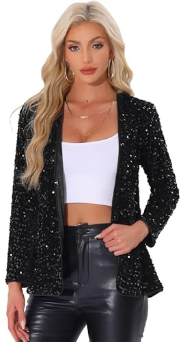 Allegra K Giacca con paillettes da donna a maniche lunghe aperto davanti glitterato blazer party cardigan casual, nero, S