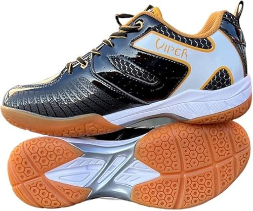 VIPER Badminton Shoes Extra Wide Fit Tennis Squash Non Slip Sports Trainers for Volleyball Men Black Gold UK 10