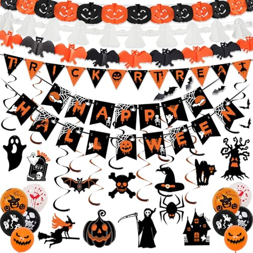 AMLOOPH Halloween Decorations Reusable Indoor Set - Happy Halloween Banner, Hanging Pumpkin, Bat, Ghosts Bunting Garland, Trick or Treat Sign and Spooky Hanging for Party Decorations