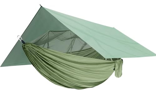 Zeltplanen, Wildcamping, Tragbares Camping-Hängematten-Set, Einzel- und Doppelhängematte, Moskitonetz, Insektennetz, Regenplane, Hochfeste Hängematte aus Fallschirmtuch(Army green)