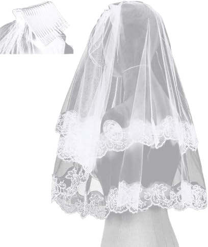 Anevous Halloween Mesh Schleier Braut, Spitze Brautschleier Hochzeit Schleier Halloween Veils mit Kamm für Hexe Cosplay Halloween Party Hochzeit Zubehör, Frauen und Mädchen,Weiß mit Kamm