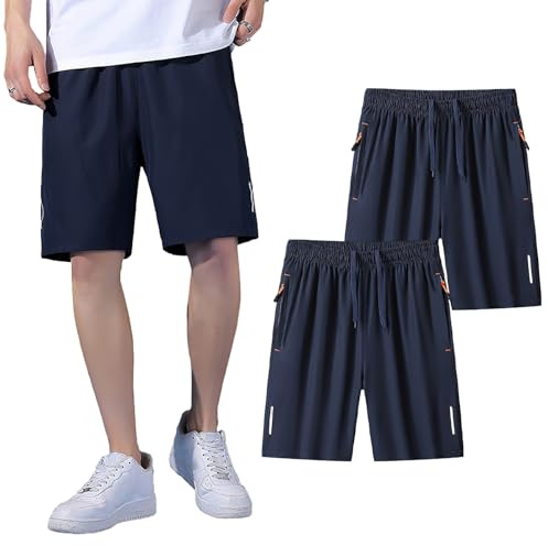 Jamron Herr plus size 2-pack löparshorts lätta snabbtorkande gym atletiska sportshorts med blixtlåsfickor och reflekterande remsa, Blå + blå, 4XL