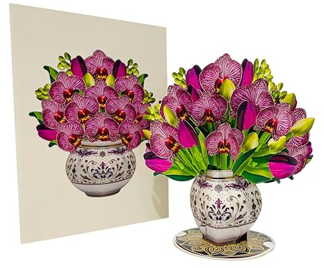 Orchid Oasis Blumentopf-Blumenstrauß, 3D-Pop-Up-Karte, mit abnehmbarem Papierblumenstrauß, Geschenk für Geburtstag, Jahrestag, Dankeschön, alle Anlässe – inklusive Notiz