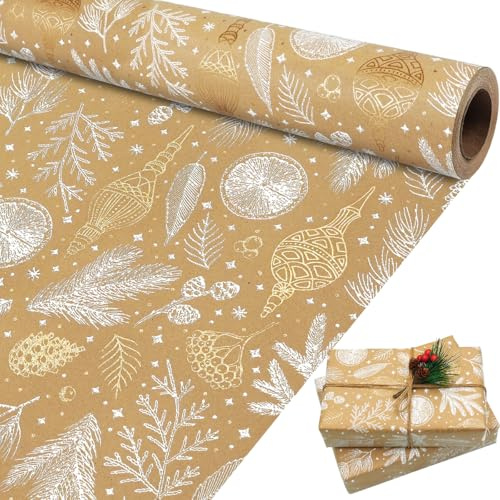 Weihnachten Geschenkpapier Rolle, Braun Weiß und Goldfolie Weihnachtsgeschenkpapier für Kinder und Erwachsene, recycling Geschenkpapier Kraftpapier Rolle für Weihnachten Neujahr, 43 cm x 10 m
