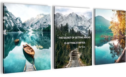 Novart Wandbilder Set Natur Berge - KOMPLETT AUFHÄNGFERTIG - Wohnzimmer Schlafzimmer Flur Deko - 3 Moderne Bilder See Landschaft - N028335a