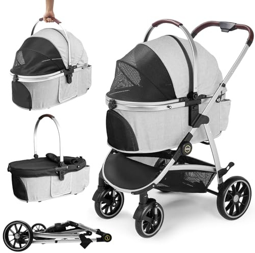 DAISTERN Passeggino per Cani 4 in 1 fino 25 Kg,Telaio in alluminio anodizzato 100% pieghevole,ruote gomma schiumosa 360°,Staccabili,adatto per cani e gatti di medie e piccole taglie, Grigio