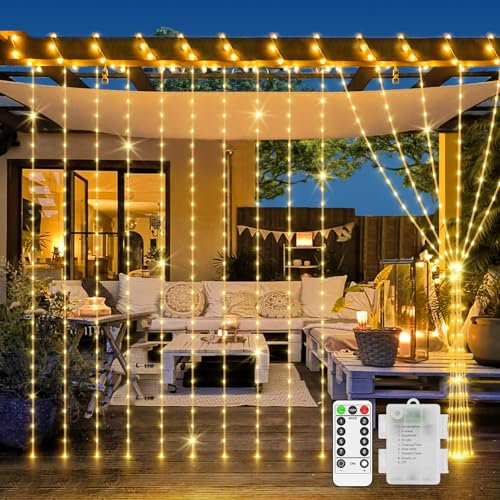 LYNNON Cortina de luces con pilas, 2 × 2 m, 200 luces LED, cortina con mando a distancia, resistente al agua, decoración interior y exterior, decoración para habitaciones, habitación infantil, boda