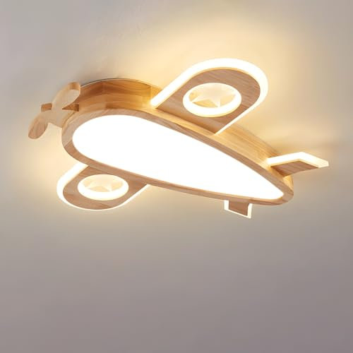 Flugzeug LED Deckenleuchte Moderne Deckenlampe Holz Kinderlampe Dimmbar Deckenleuchte mit Fernbedienung 3000K-6000K, Holz Deckenlampe für Kinderzimmer Schlafzimmer Wohnzimmer Lampe(65*65*6cm)