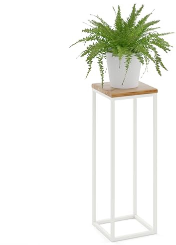 LAMO Manufaktur Blumenständer Weiss Metall | Pflanzenständer Holz mit Rustikal Farbe | Blumenhocker hoch 70 cm für Zimmerpflanzen | 100% Echtholz | Sockel für Wohnzimmer Dekoration