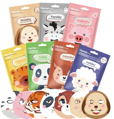 Face Masks Skincare - 7 Sheet Face Mask - Face Mask Set Hydrating and Smoothing Improve Dullness - Fun Animal Printed Facial Mask Gifts for Teenage Girls