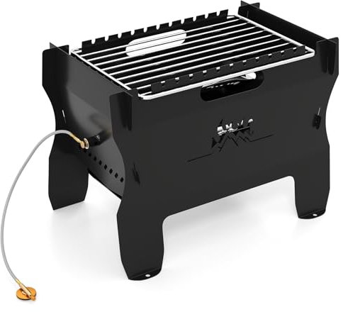 GYMAX tragbarer Klappgrill, 2-in-1 Campinggrill aus Edelstahl mit Butangas & Tragetasche, Gas & Holzkohlebetrieb, mobiler Gasgrill für Camping, Picknicks, Strandpartys, Schwarz
