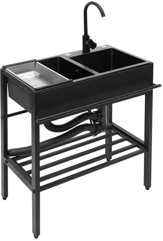 Edelstahl Spültisch 72 cm Breit Schwarz 2 Becken Freistehende Küchenspüle mit 360°-Drehbar-Wasserhahn-Warm&Kalt Freistehende Spüle mit Unterschrank Abflussrohr Abflusssieb Abtropffläche Seifenspender