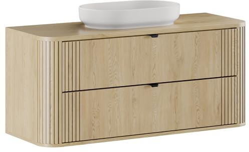 Lomadox Badezimmer-Waschtisch 120 cm breit in Eiche, Rillen, Waschtischplatte mit Keramik Aufsatzwaschbecken hellgrau matt, Softclose-Schubladen, Metallgriffe, abgerundete Kanten