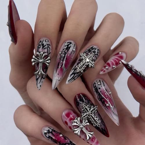 fdsmall 24pcs Kreuzdruck auf Nägeln Stiletto gefälschte Nägel lange Länge Mandel Falsche Nägel, Halloween Kleber auf Nägeln für Frauen mit Metall (Rosa)