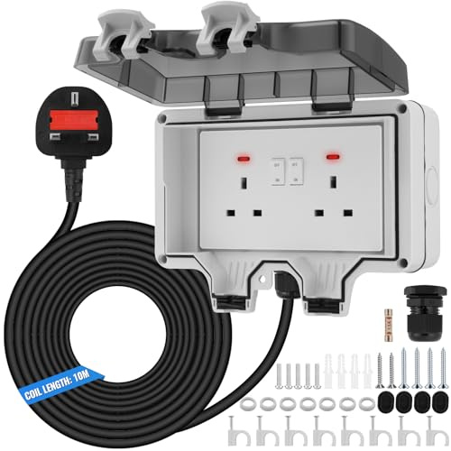 Outdoor Double Socket with 10m Extension Lead – 13A IP66 Waterproof 2-Gang Plug Socket with Switch & LED Indicator for Garden,Shed,Garage & Outdoor Use