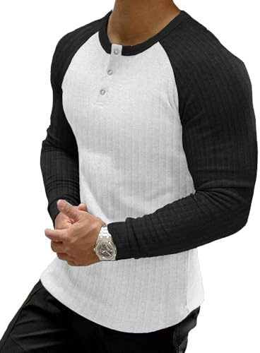 Muscle Cmdr Herrtröja lång/kortärmad, termisk tröja för män, långärmad bomull, muskelskjortor med smal passform, Svart och vit, M