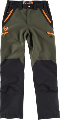 WORKTEAM Pantalón de Caza Impermeable Hombre, Poliéster Forrado, Rodillas Preformadas, Bolsillos con Cremallera Oculta, Bajos Ajustables, Ropa Outdoor Resistente Verde Caza + Negro XL