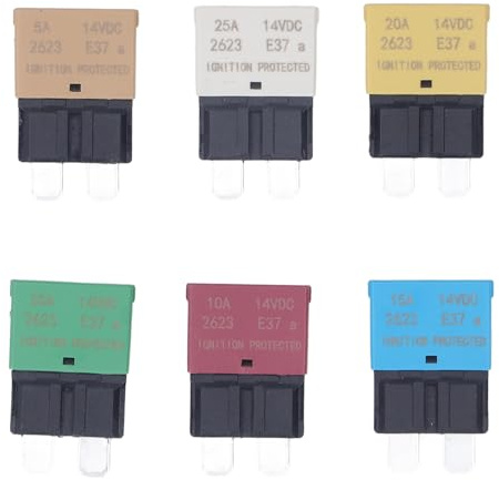 Automatischer Reset-Flachsicherungs-Sortimentssatz E37 ATM-Mini-Leistungsschalterschutz 6-teiliges Set mit 5A 10A 15A 20A 25A 30A für den Schutz des Gleichstromsystems von Auto,