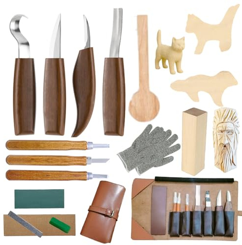 77Star Woodworking Tools Set 18PCS Wood Whittling Kit for DIY Lovers Beginners, Including Leather Storage Bag, Cat, Dog & Spoon Blank (18)