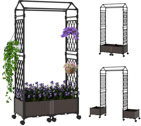 GOPLUS Arche de Jardin avec Bacs à Plante, 2 en 1 Jardinières Auto-Arrosants avec Treillis roulettes,Toit Suspendu Trous Drainage, Pergola Jardin pour Plantes Grimpantes, Légumes (Brun,154x40x163CM)