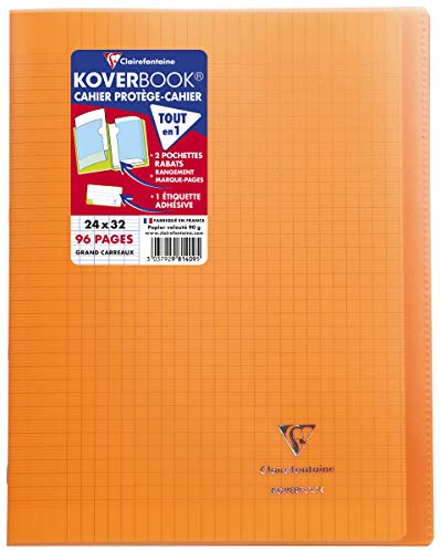 Clairefontaine 981409C QUADERNO a punto metallico Koverbook arancione - 24x32 cm - 96 pagine a quadretti grandi - Carta bianca 90g - copertina in polipropilene