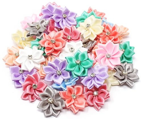 Pastell-Mix 25 mm Satinband-Blumen mit Strasssteinen in der Mitte, Bastelblumen (25)