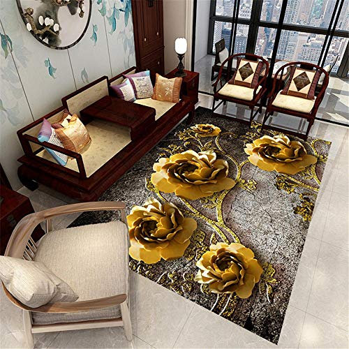 Kunsen Teppich Kinderzimmer Mädchen Goldene Rose Blume Ran Design Wohnzimmer Sofa weich und langlebig Rund Quadratisch Gold 160 x 230 cm