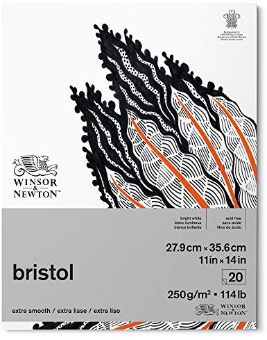Winsor & Newton Bristol 6661549 Drawing Paper in Pad - 20 Sheets 27.9 x 35.6 cm, 250 g/m², Glued Top, Bright White Paper for Drawings with Technical Pens, Fineliners, Ink, Markers